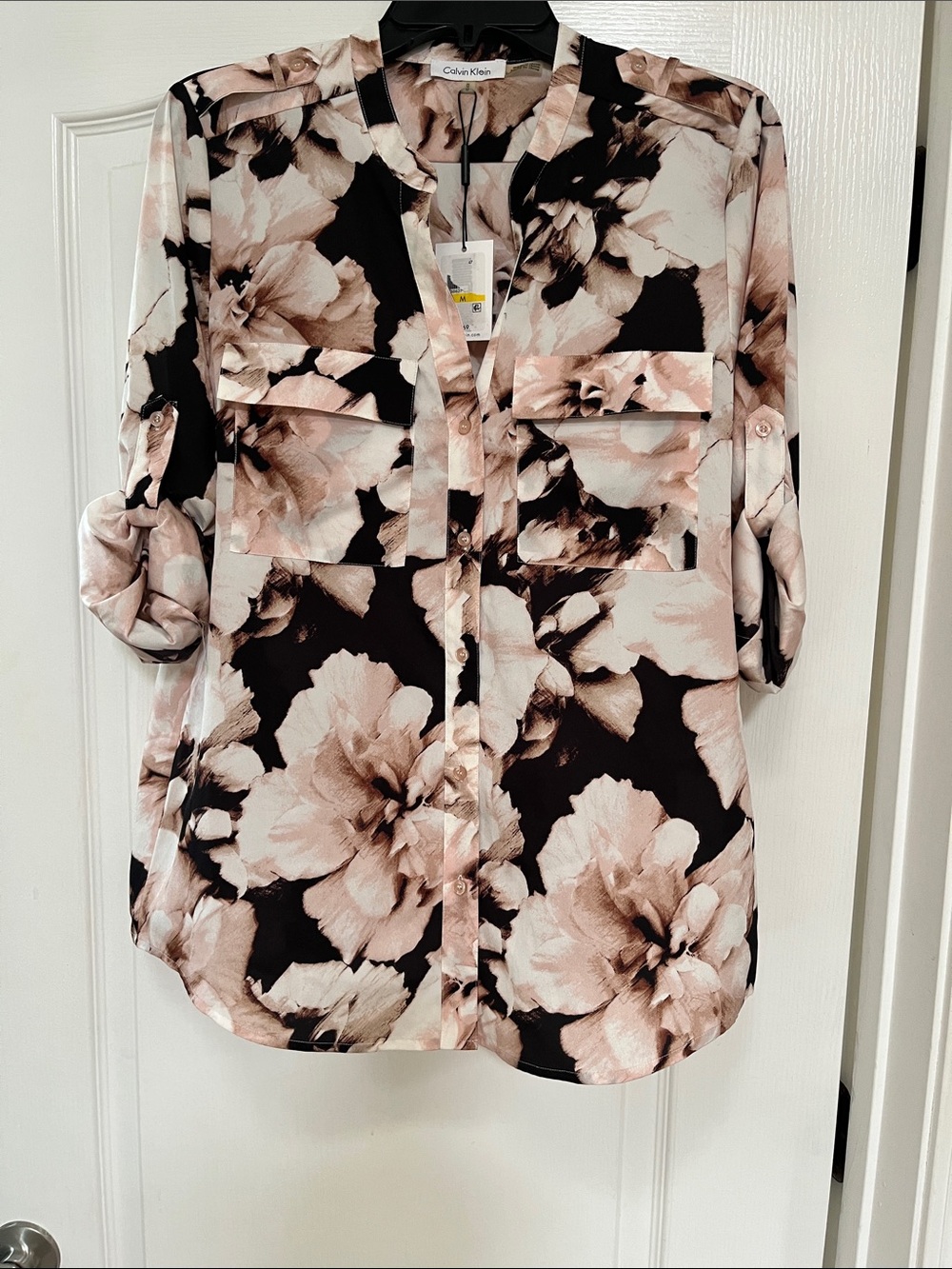 Calvin Klein Floral Button-Down Shirt in Black and Blush, NWT, M